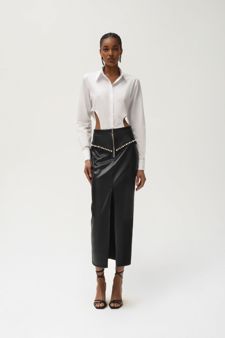 Bottoms Nafsika Skourti | Leather Rodeo Midi Skirt With Leo Trim